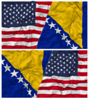 Bosnien und Herzegowina und vereinigt Zustände Hälfte kombiniert Flaggen Hintergrund mit Stoff stoßen Textur, bilateral Beziehungen, Frieden und Konflikt, 3d Rendern png