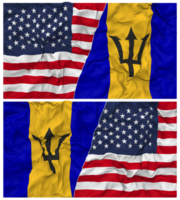 Barbados en Verenigde staten voor de helft gecombineerd vlaggen achtergrond met kleding buil textuur, bilateraal relaties, vrede en conflict, 3d renderen png