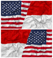 Indonésia e Unidos estados metade combinado bandeiras fundo com pano colisão textura, bilateral relações, Paz e conflito, 3d Renderização png