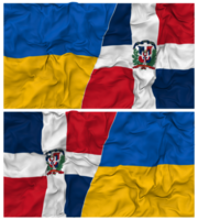 dominikanisch Republik und Ukraine Hälfte kombiniert Flaggen Hintergrund mit Stoff stoßen Textur, bilateral Beziehungen, Frieden und Konflikt, 3d Rendern png