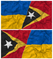 est timor et Ukraine moitié combiné drapeaux Contexte avec tissu bosse texture, bilatéral rapports, paix et conflit, 3d le rendu png