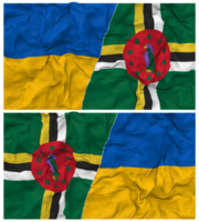 Dominique et Ukraine moitié combiné drapeaux Contexte avec tissu bosse texture, bilatéral rapports, paix et conflit, 3d le rendu png