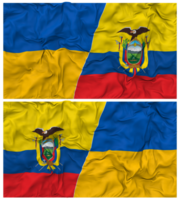 Equador e Ucrânia metade combinado bandeiras fundo com pano colisão textura, bilateral relações, Paz e conflito, 3d Renderização png