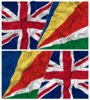 Seychellen en Verenigde koninkrijk voor de helft gecombineerd vlaggen achtergrond met kleding buil textuur, bilateraal relaties, vrede en conflict, 3d renderen png