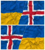 Islande et Ukraine moitié combiné drapeaux Contexte avec tissu bosse texture, bilatéral rapports, paix et conflit, 3d le rendu png