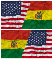 Bolivia en Verenigde staten voor de helft gecombineerd vlaggen achtergrond met kleding buil textuur, bilateraal relaties, vrede en conflict, 3d renderen png