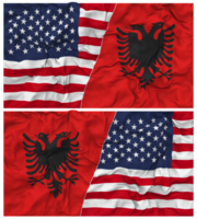 albania och förenad stater halv kombinerad flaggor bakgrund med trasa stöta textur, bilateral relationer, fred och konflikt, 3d tolkning png