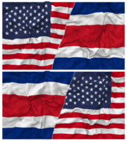 costa rica en Verenigde staten voor de helft gecombineerd vlaggen achtergrond met kleding buil textuur, bilateraal relaties, vrede en conflict, 3d renderen png