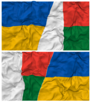 Madagáscar e Ucrânia metade combinado bandeiras fundo com pano colisão textura, bilateral relações, Paz e conflito, 3d Renderização png