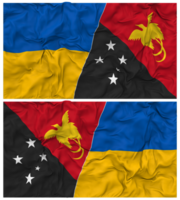 Papoea nieuw Guinea en Oekraïne voor de helft gecombineerd vlaggen achtergrond met kleding buil textuur, bilateraal relaties, vrede en conflict, 3d renderen png