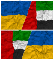 vereinigt arabisch Emirate und Ukraine Hälfte kombiniert Flaggen Hintergrund mit Stoff stoßen Textur, bilateral Beziehungen, Frieden und Konflikt, 3d Rendern png