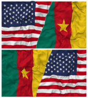 Kameroen en Verenigde staten voor de helft gecombineerd vlaggen achtergrond met kleding buil textuur, bilateraal relaties, vrede en conflict, 3d renderen png