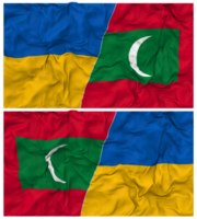 Maldives and Ukraine Half Combined Flags Background with Cloth Bump Texture, Bilateral Relations, Peace and Conflict, 3D Rendering png