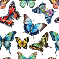 une coloré papillon modèle avec divers nuances de bleu, vert, et rouge. le papillons sont arrangé dans une façon cette crée une sens de mouvement et harmonie. scène est un de joie et beauté. png