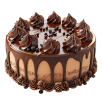 chocolate cake with chocolate icing on top on transparent background. png