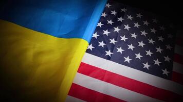 Dynamic turn of Ukraine and the United States national flags with vignette video