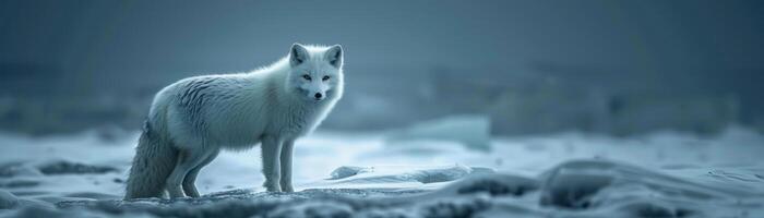 An arctic fox stands on the ice in the middle of a snow-covered tundra. photo