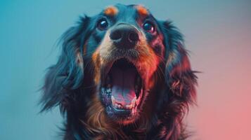 Gordon Setter, angry dog baring its teeth, studio lighting pastel background photo