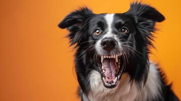 frontera collie, enojado perro desnudando sus dientes, estudio Encendiendo pastel antecedentes foto