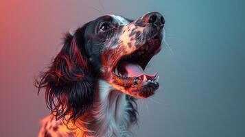 English Setter, angry dog baring its teeth, studio lighting pastel background photo