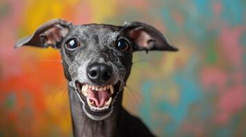 Italian Greyhound, angry dog baring its teeth, studio lighting pastel background photo