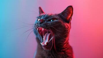 Bombay, angry cat baring its teeth, studio lighting pastel background photo