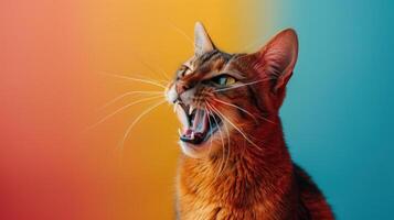 Somali, angry cat baring its teeth, studio lighting pastel background photo