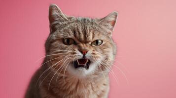 duendecillo, enojado gato desnudando sus dientes, estudio Encendiendo pastel antecedentes foto