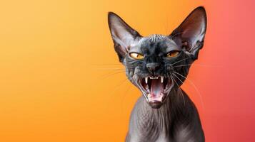 Peterbald, angry cat baring its teeth, studio lighting pastel background photo