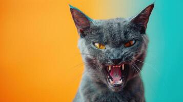 Korat, angry cat baring its teeth, studio lighting pastel background photo