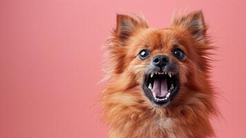 finlandés perro de Pomerania, enojado perro desnudando sus dientes, estudio Encendiendo pastel antecedentes foto