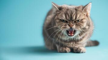 muñeco, enojado gato desnudando sus dientes, estudio Encendiendo pastel antecedentes foto