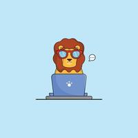 cute animal lion cartoon working at laptop illustration animal technology concept premium flat cartoon vector