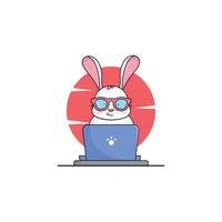 cute animal rabbit cartoon working at laptop illustration animal technology concept premium flat cartoon vector