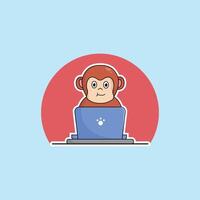 cute animal monkey cartoon working at laptop illustration animal technology concept premium flat cartoon vector