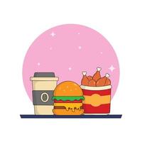 icono combo hamburguesa frita pollo, café delicioso rápido comida y bebida ilustración concepto.premium ilustración vector