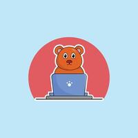 cute animal bear cartoon working at laptop illustration animal technology concept premium flat cartoon vector