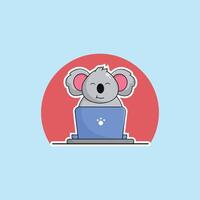 cute animal koala cartoon working at laptop illustration animal technology concept premium flat cartoon vector