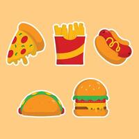 icono pizza, francés papas fritas, caliente perro, tacos, hamburguesa delicioso rápido comida y bebida ilustración pegatina concepto.premium ilustración vector