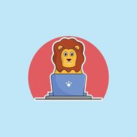 cute animal lion cartoon working at laptop illustration animal technology concept premium flat cartoon vector