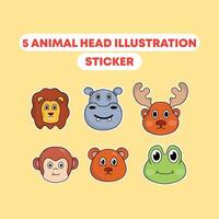 set icon sticker cute animal cartoon hippo,monkey,lion,frog,deer,bear head illustration. animal head sticker concept. flat style cute vector