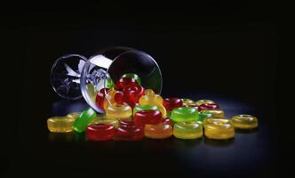 A lot of lollipops are scattered from an overturned glass goblet. Multi-colored candies in a glass. photo