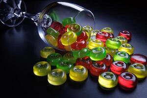 Many lollipops spill out from an overturned glass goblet. Multi-colored candies in a glass on a black background. photo