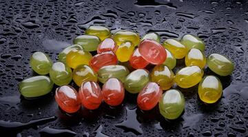 Lots of colorful candies. Multi-colored candies on a black background. Marmalade candies. photo