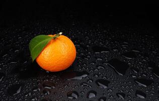 Ripe juicy tangerine on a black background with water drops. photo