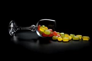 A lot of candy canes are scattered from an overturned glass goblet. Multi-colored candies in a glass on a black background. Marmalade candies. photo