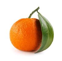 Ripe juicy tangerine isolated on a white background. Organic tangerine with green leaf. Mandarin. photo