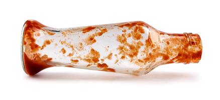 Tomato sauce . Empty ketchup bottle. Lying glass bottle with ketchup remains isolated on a white background. photo