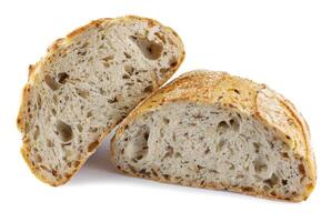 A loaf of bread cut in half with seeds isolated on a white background. Art bread. photo