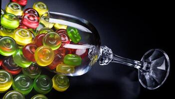 A lot of candy canes are scattered from an overturned glass goblet. Multi-colored candies in a glass on a black background. Marmalade candies. photo